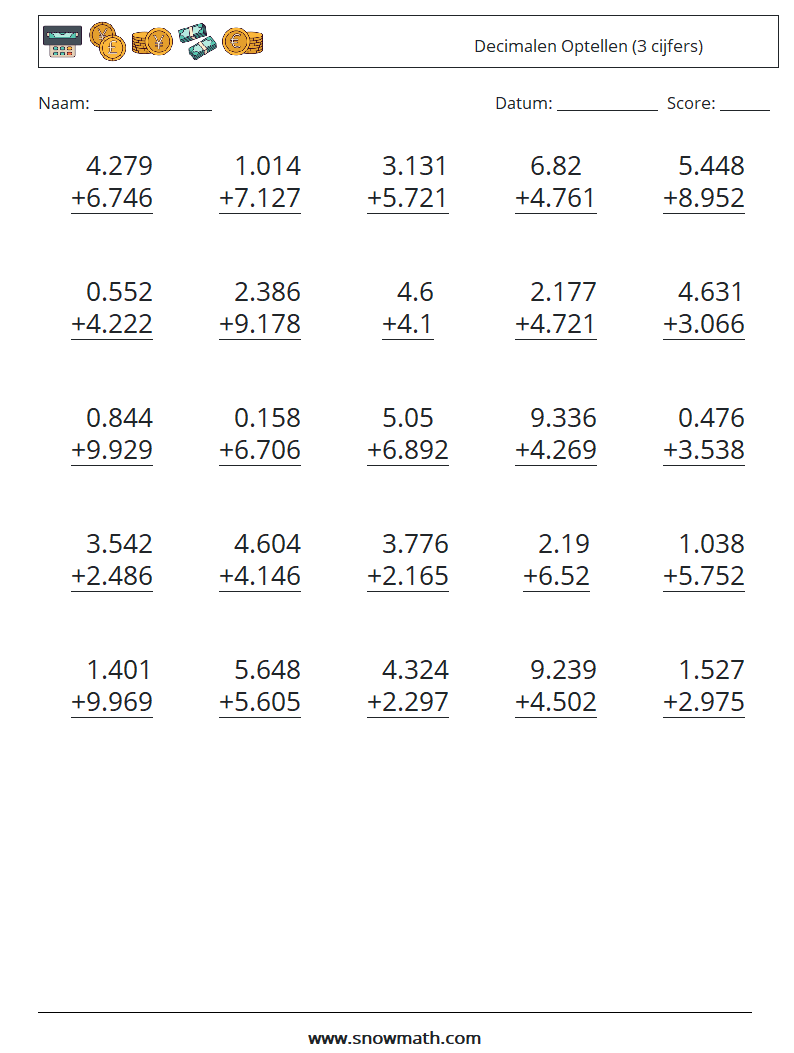 (25) Decimalen Optellen (3 cijfers) Wiskundige werkbladen 5
