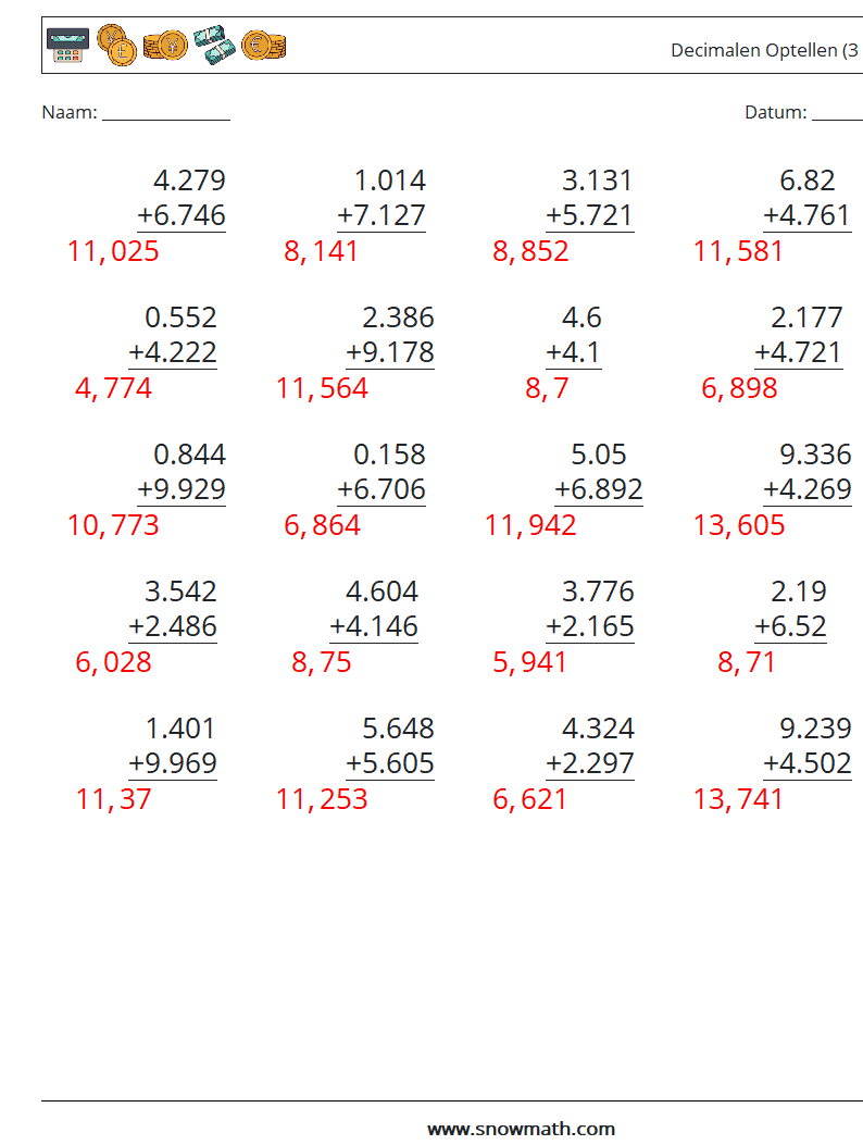 (25) Decimalen Optellen (3 cijfers) Wiskundige werkbladen 5 Vraag, Antwoord