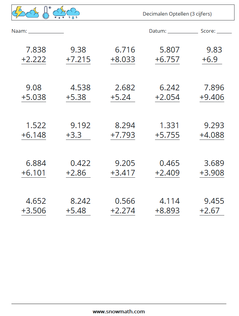 (25) Decimalen Optellen (3 cijfers) Wiskundige werkbladen 6
