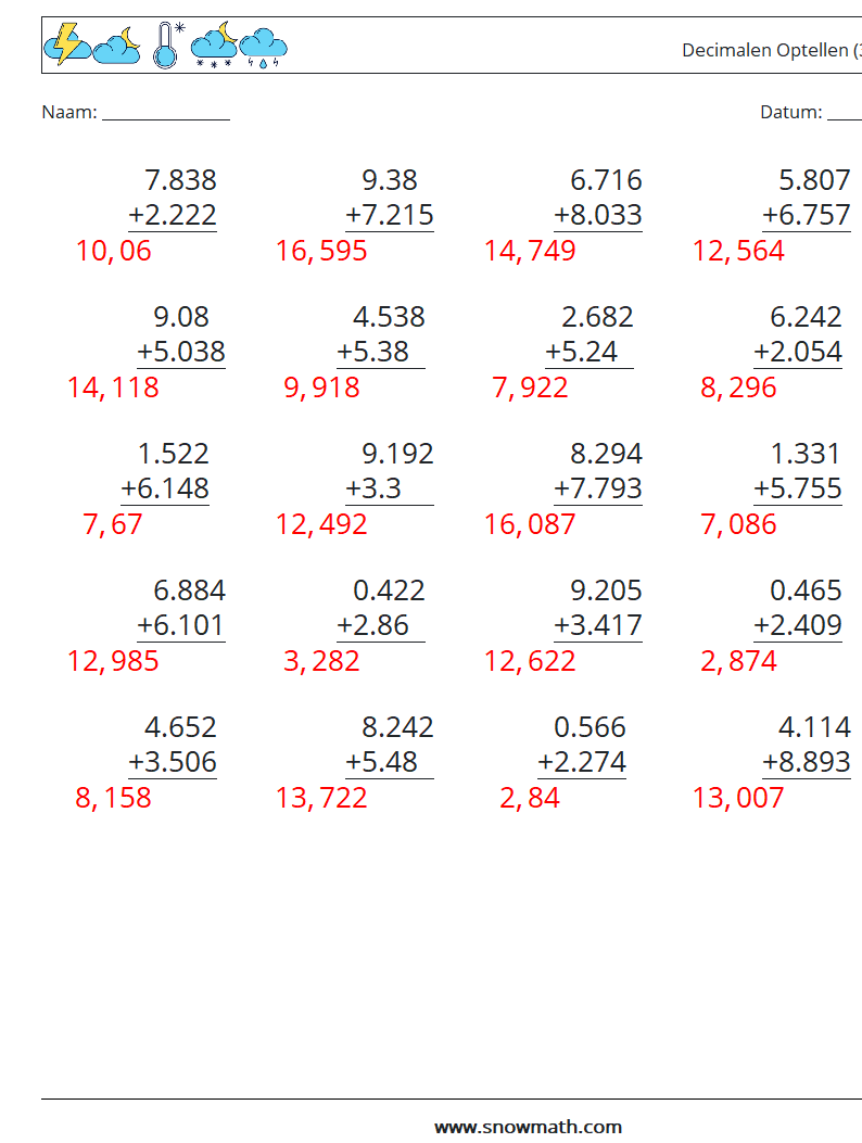 (25) Decimalen Optellen (3 cijfers) Wiskundige werkbladen 6 Vraag, Antwoord