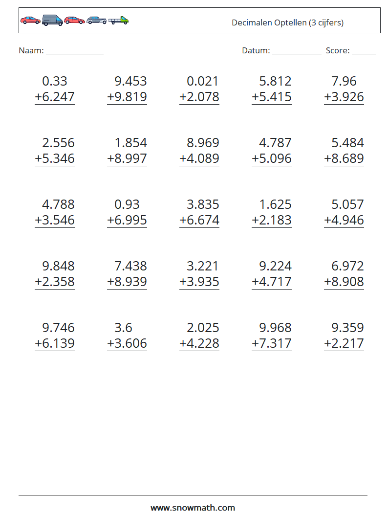 (25) Decimalen Optellen (3 cijfers) Wiskundige werkbladen 7