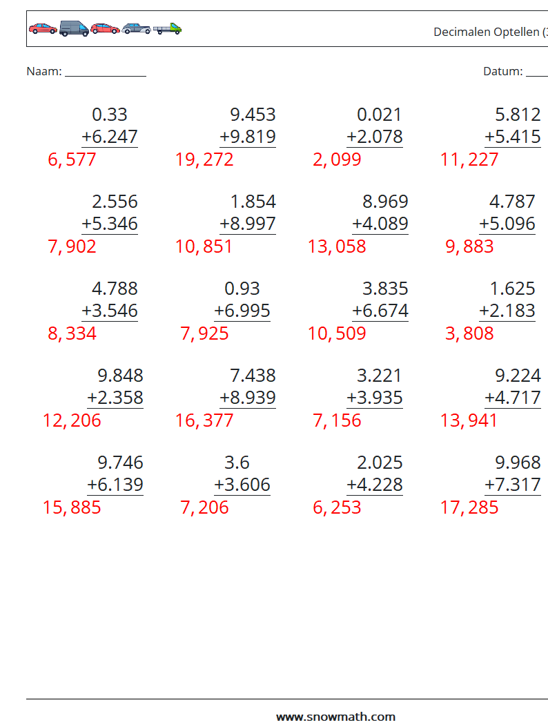 (25) Decimalen Optellen (3 cijfers) Wiskundige werkbladen 7 Vraag, Antwoord