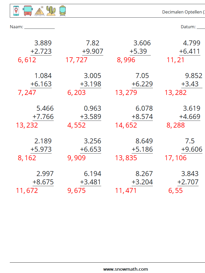 (25) Decimalen Optellen (3 cijfers) Wiskundige werkbladen 8 Vraag, Antwoord
