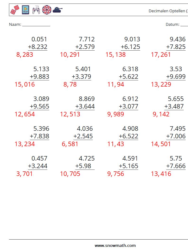 (25) Decimalen Optellen (3 cijfers) Wiskundige werkbladen 9 Vraag, Antwoord