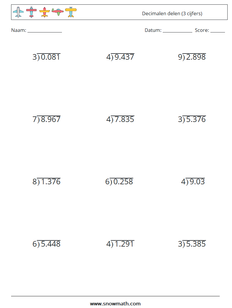 (12) Decimalen delen (3 cijfers)