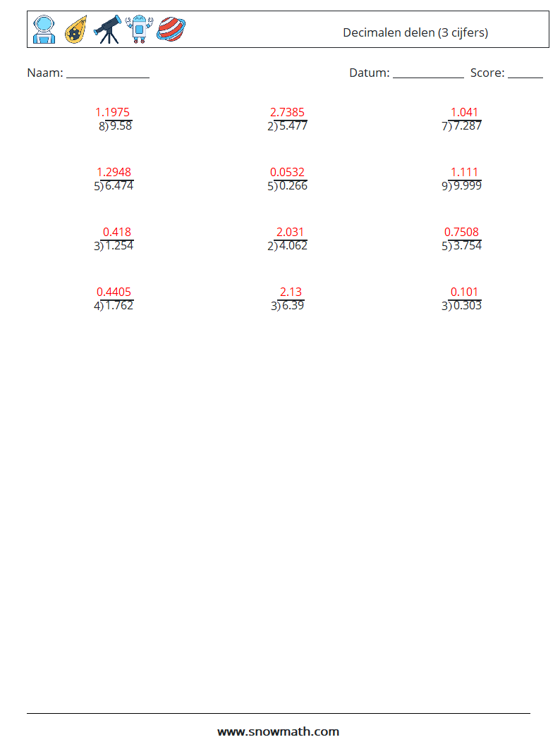 (12) Decimalen delen (3 cijfers) Wiskundige werkbladen 13 Vraag, Antwoord