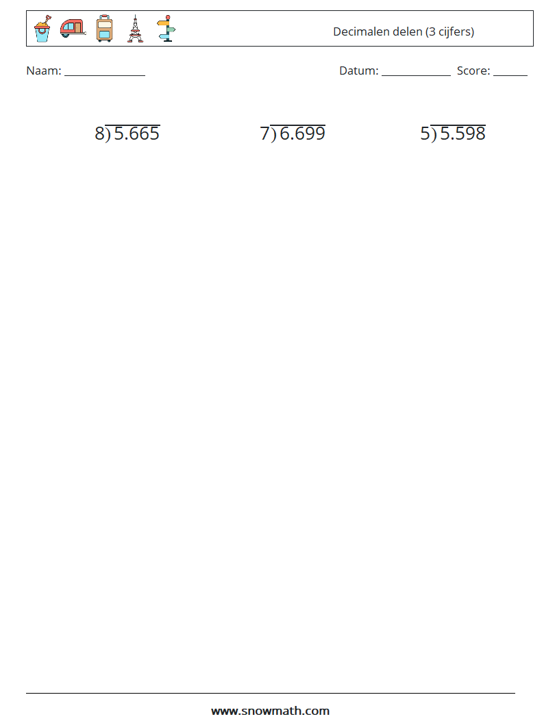 (12) Decimalen delen (3 cijfers) Wiskundige werkbladen 16