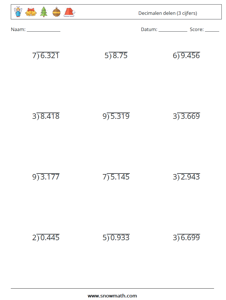 (12) Decimalen delen (3 cijfers) Wiskundige werkbladen 3