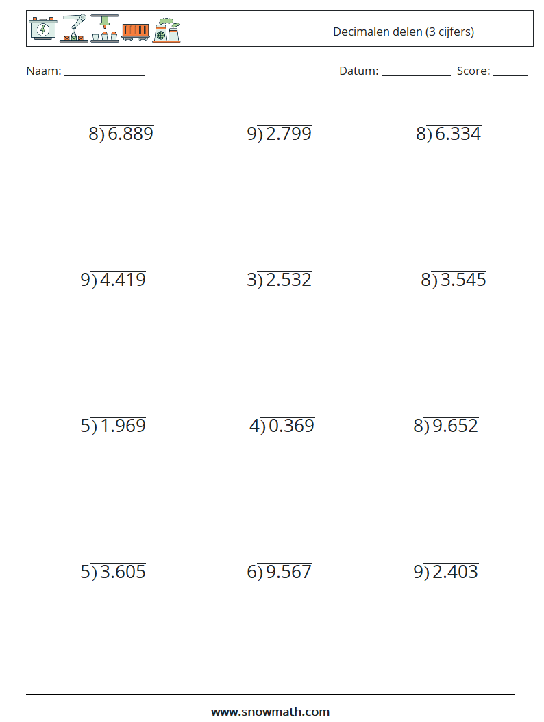 (12) Decimalen delen (3 cijfers) Wiskundige werkbladen 6