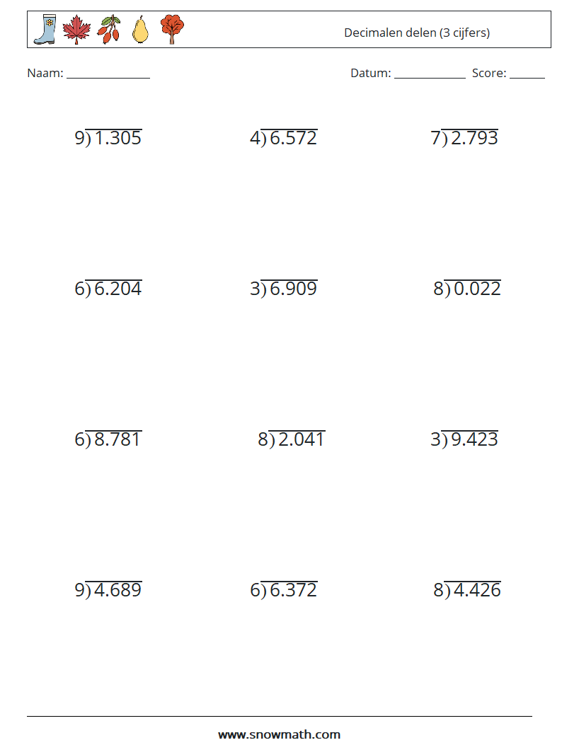 (12) Decimalen delen (3 cijfers) Wiskundige werkbladen 7