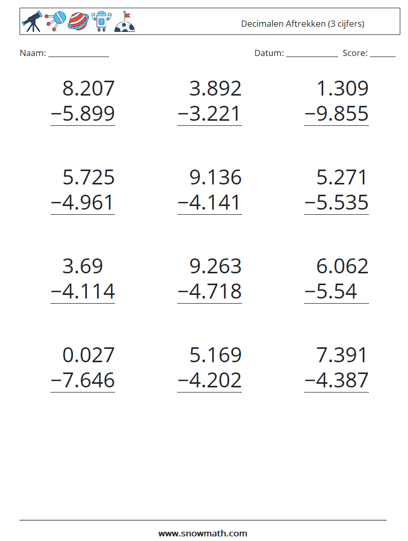 (12) Decimalen Aftrekken (3 cijfers)