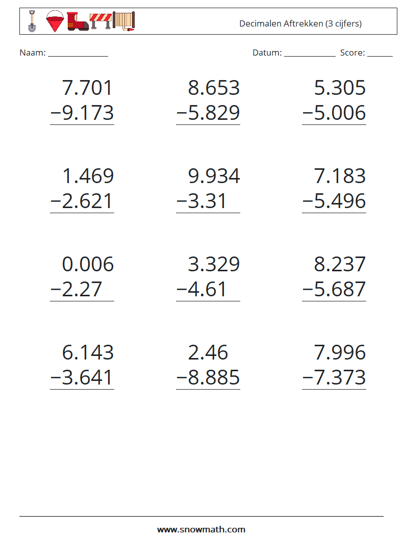 (12) Decimalen Aftrekken (3 cijfers) Wiskundige werkbladen 10