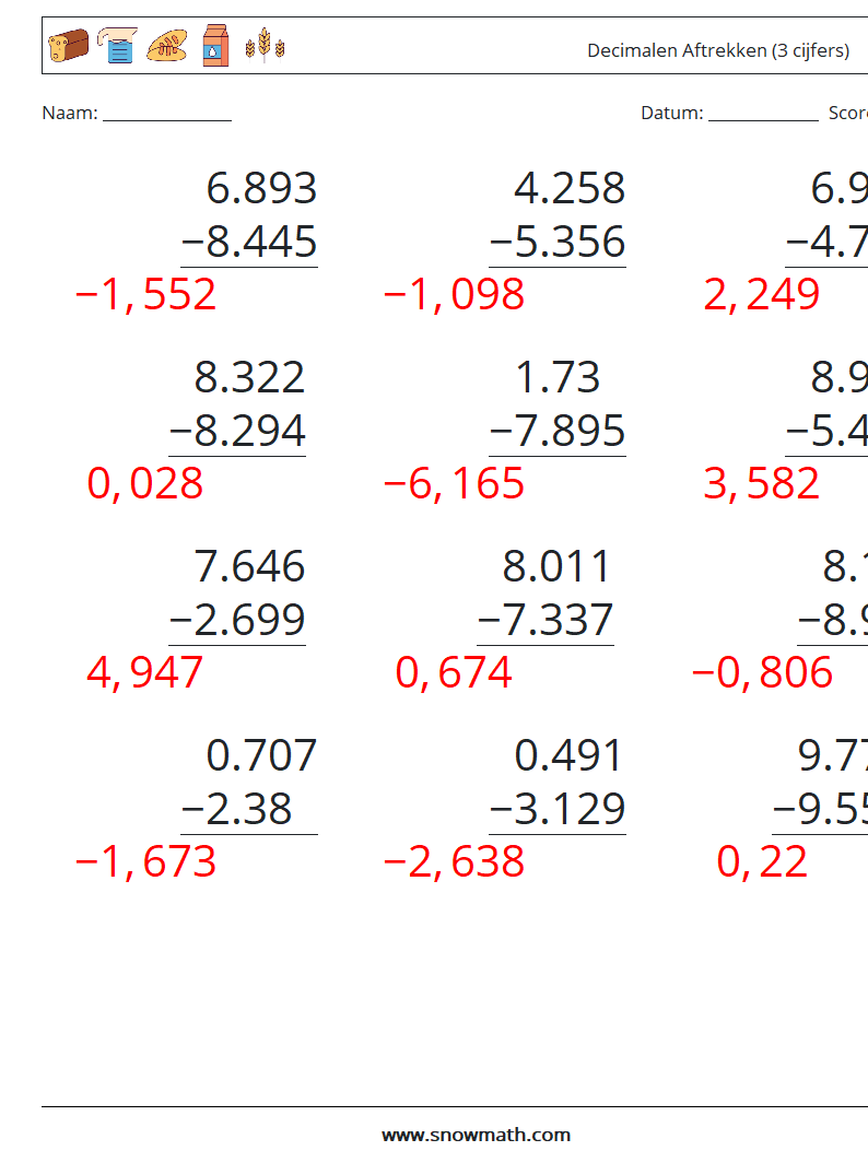 (12) Decimalen Aftrekken (3 cijfers) Wiskundige werkbladen 11 Vraag, Antwoord