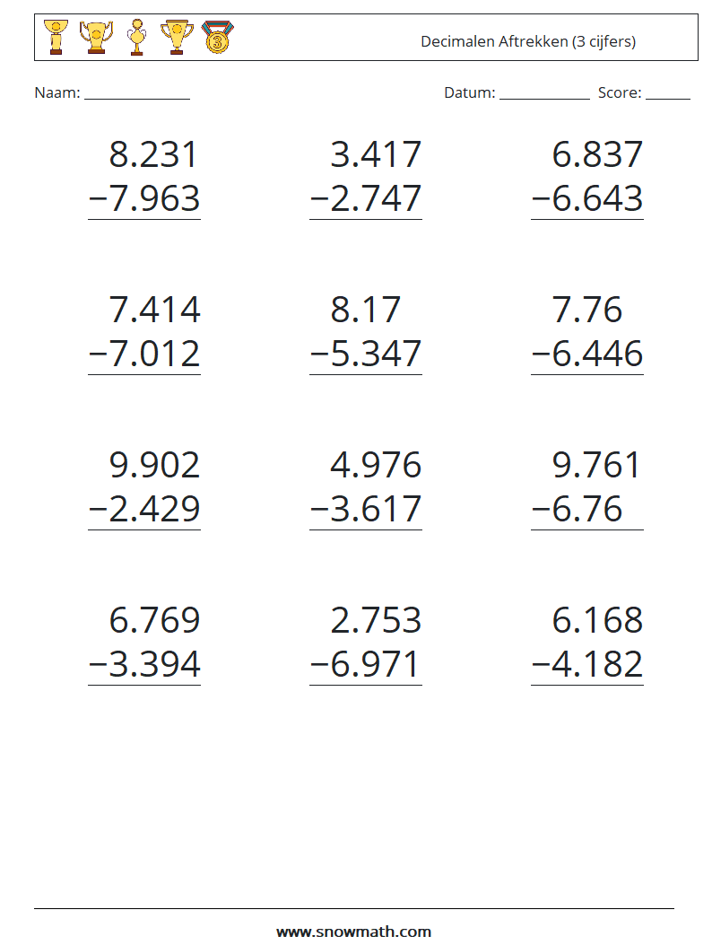(12) Decimalen Aftrekken (3 cijfers) Wiskundige werkbladen 13