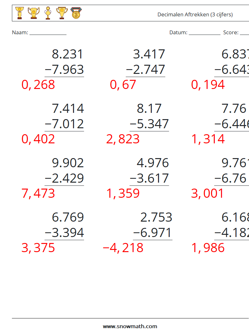 (12) Decimalen Aftrekken (3 cijfers) Wiskundige werkbladen 13 Vraag, Antwoord