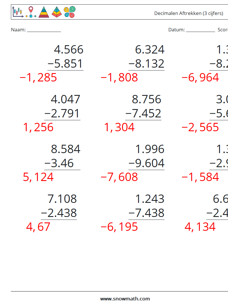 (12) Decimalen Aftrekken (3 cijfers) Wiskundige werkbladen 14 Vraag, Antwoord