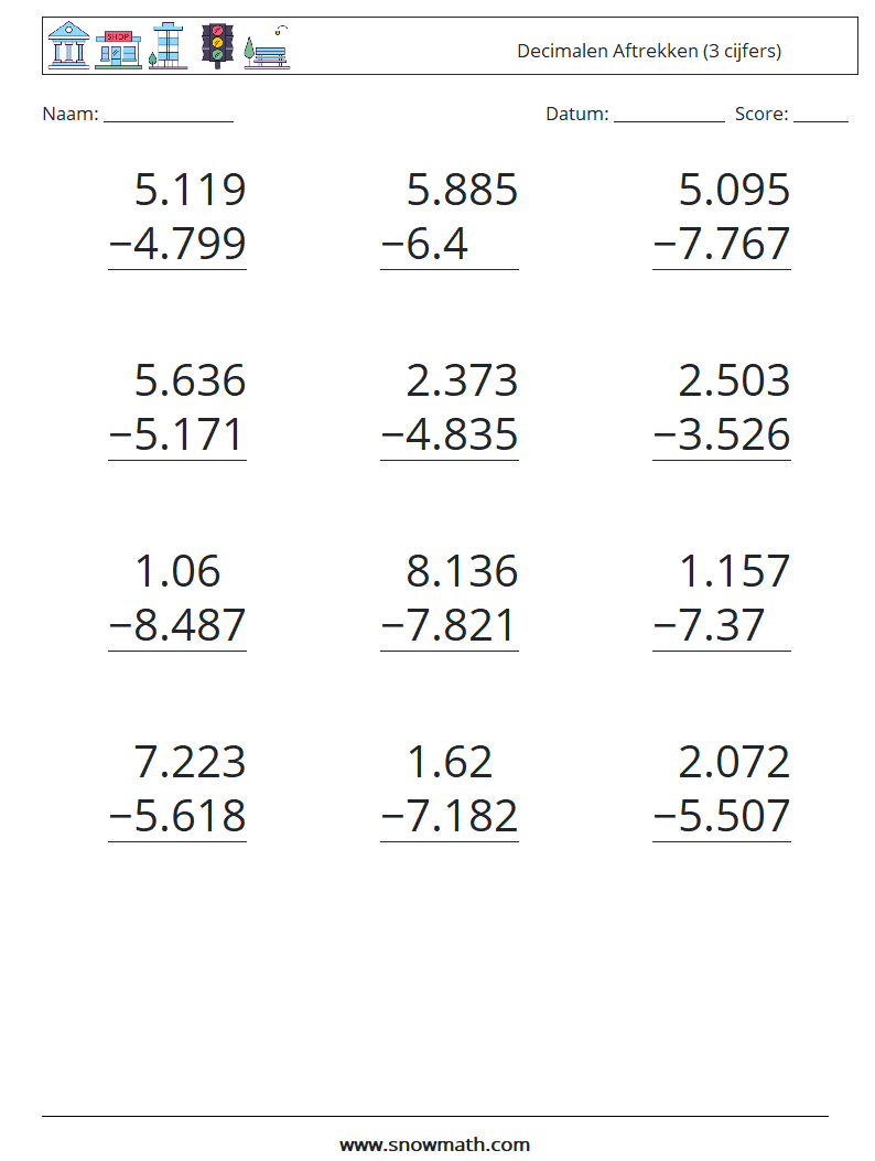 (12) Decimalen Aftrekken (3 cijfers) Wiskundige werkbladen 15