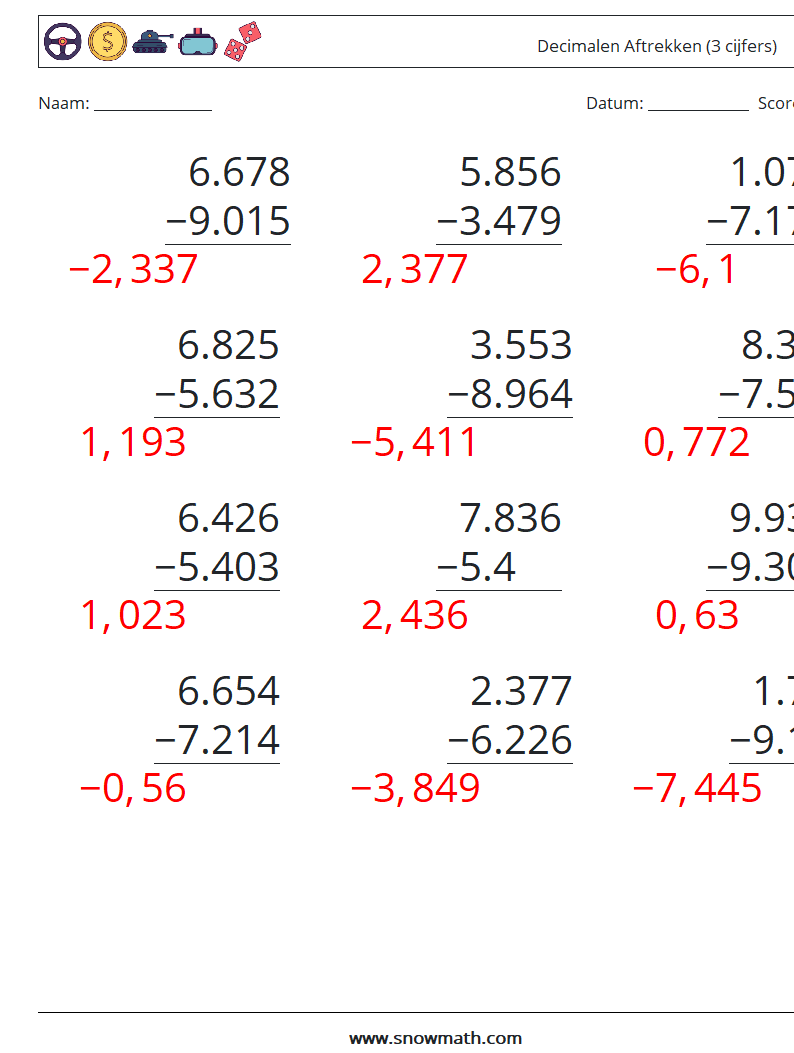 (12) Decimalen Aftrekken (3 cijfers) Wiskundige werkbladen 16 Vraag, Antwoord