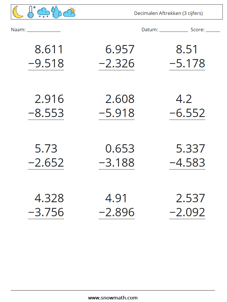 (12) Decimalen Aftrekken (3 cijfers) Wiskundige werkbladen 17