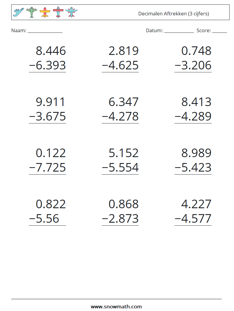 (12) Decimalen Aftrekken (3 cijfers) Wiskundige werkbladen 18