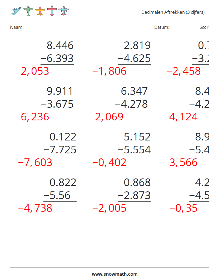 (12) Decimalen Aftrekken (3 cijfers) Wiskundige werkbladen 18 Vraag, Antwoord