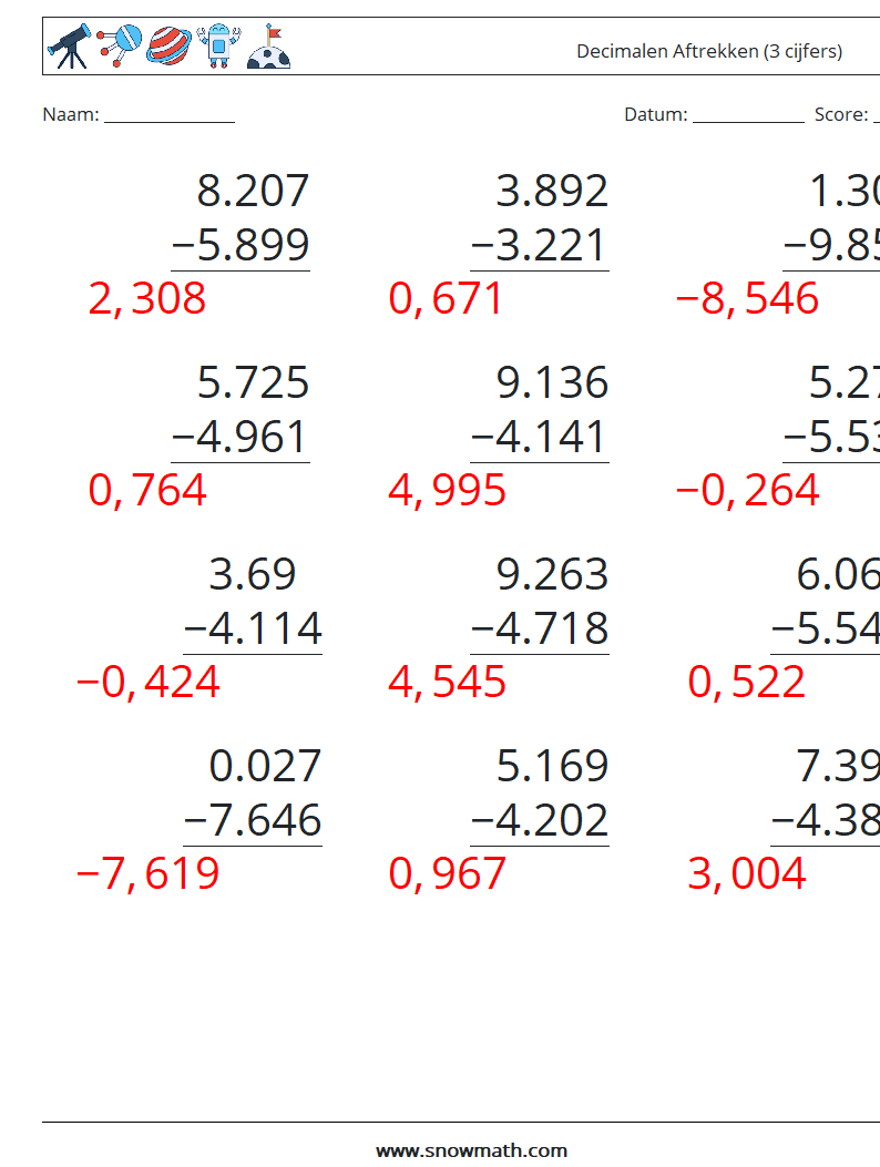 (12) Decimalen Aftrekken (3 cijfers) Wiskundige werkbladen 1 Vraag, Antwoord