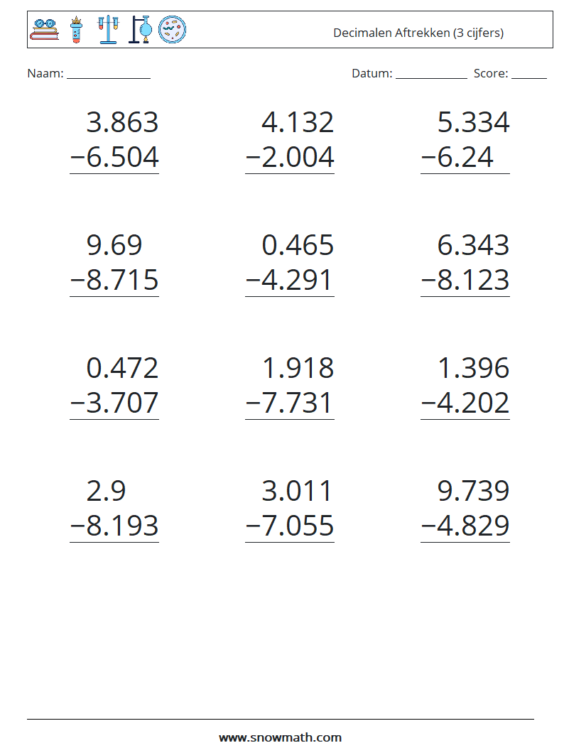 (12) Decimalen Aftrekken (3 cijfers) Wiskundige werkbladen 2