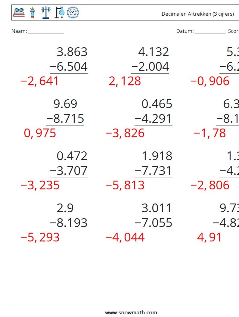 (12) Decimalen Aftrekken (3 cijfers) Wiskundige werkbladen 2 Vraag, Antwoord