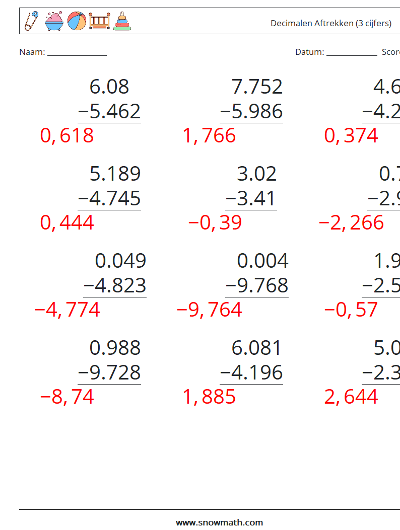 (12) Decimalen Aftrekken (3 cijfers) Wiskundige werkbladen 3 Vraag, Antwoord