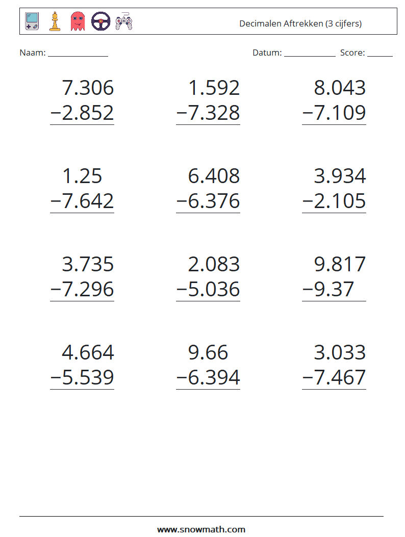 (12) Decimalen Aftrekken (3 cijfers) Wiskundige werkbladen 5