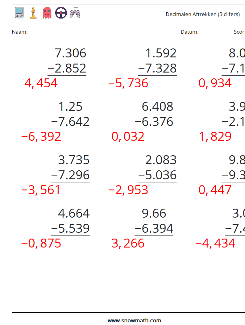 (12) Decimalen Aftrekken (3 cijfers) Wiskundige werkbladen 5 Vraag, Antwoord