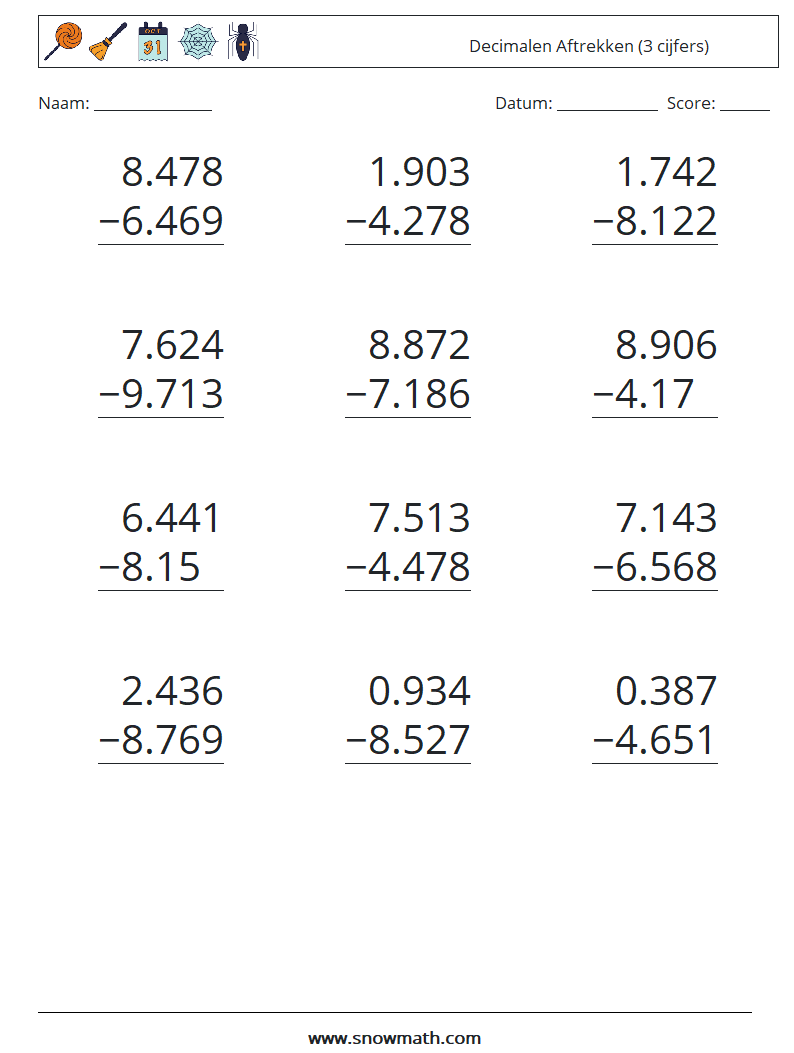 (12) Decimalen Aftrekken (3 cijfers) Wiskundige werkbladen 6