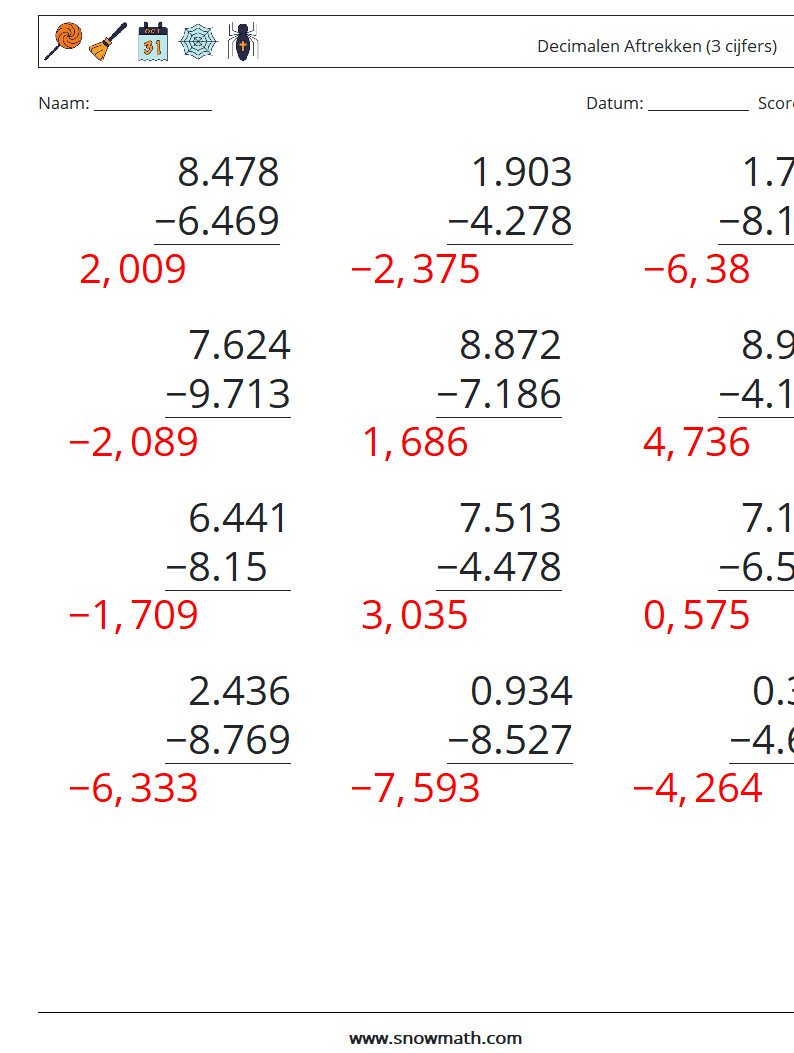 (12) Decimalen Aftrekken (3 cijfers) Wiskundige werkbladen 6 Vraag, Antwoord