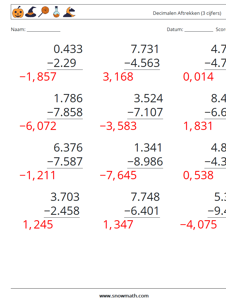 (12) Decimalen Aftrekken (3 cijfers) Wiskundige werkbladen 7 Vraag, Antwoord