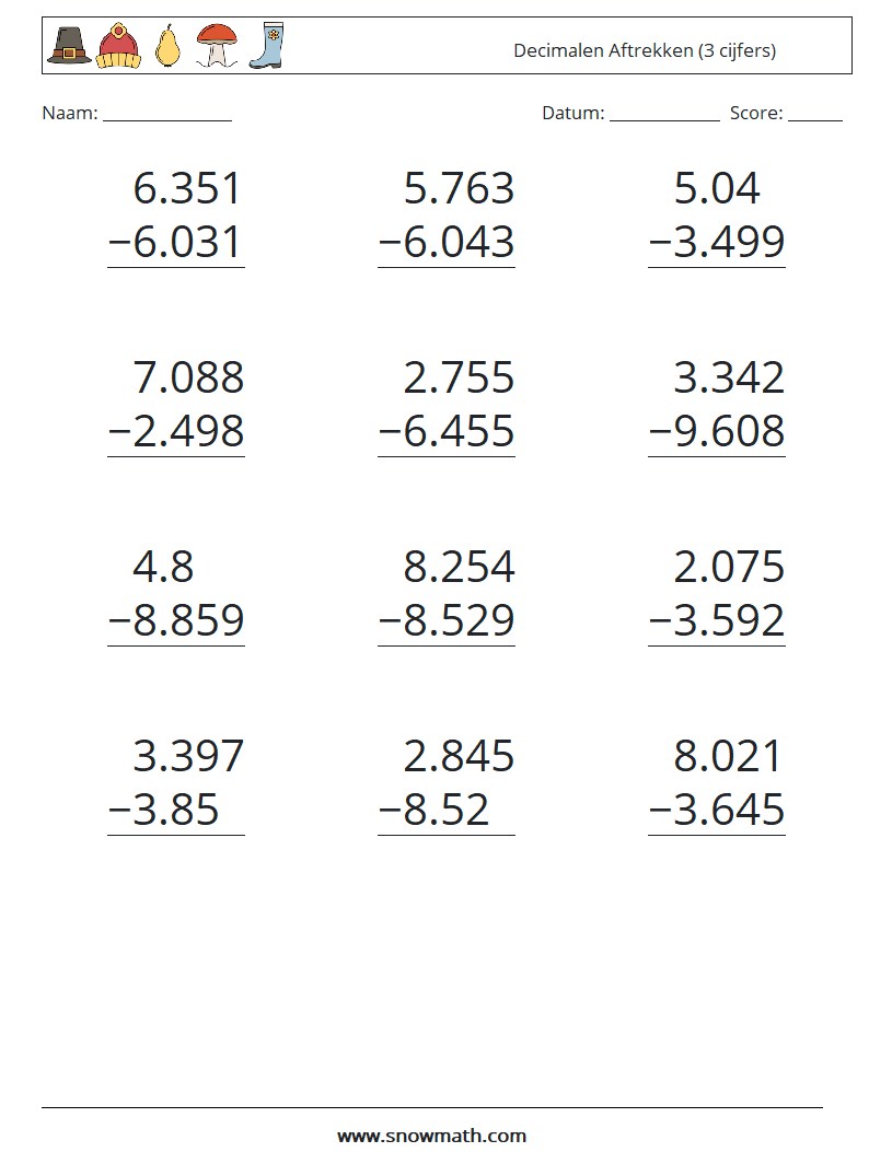 (12) Decimalen Aftrekken (3 cijfers) Wiskundige werkbladen 8