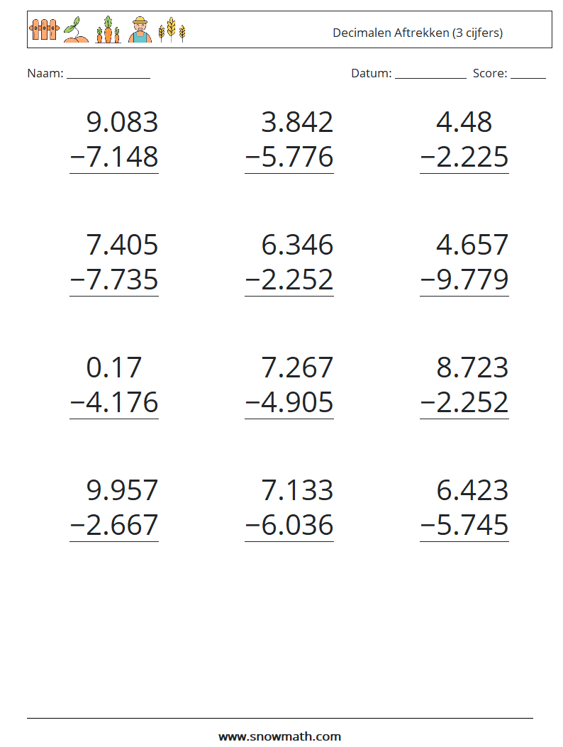 (12) Decimalen Aftrekken (3 cijfers) Wiskundige werkbladen 9