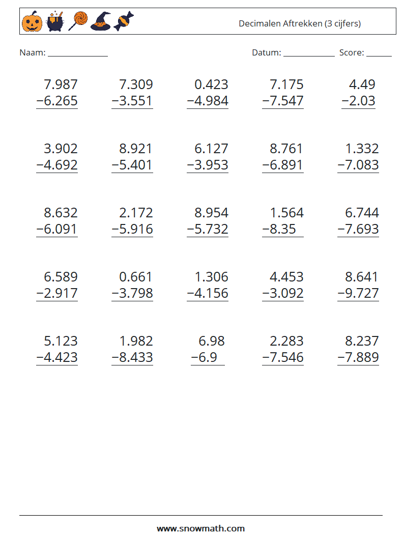 (25) Decimalen Aftrekken (3 cijfers) Wiskundige werkbladen 17