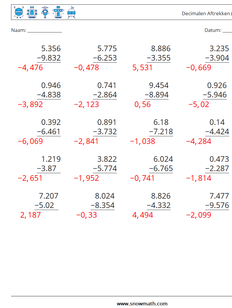 (25) Decimalen Aftrekken (3 cijfers) Wiskundige werkbladen 3 Vraag, Antwoord