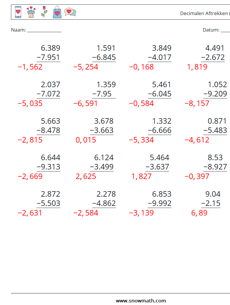 (25) Decimalen Aftrekken (3 cijfers) Wiskundige werkbladen 7 Vraag, Antwoord