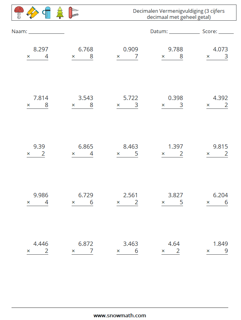 (25) Decimalen Vermenigvuldiging (3 cijfers decimaal met geheel getal)