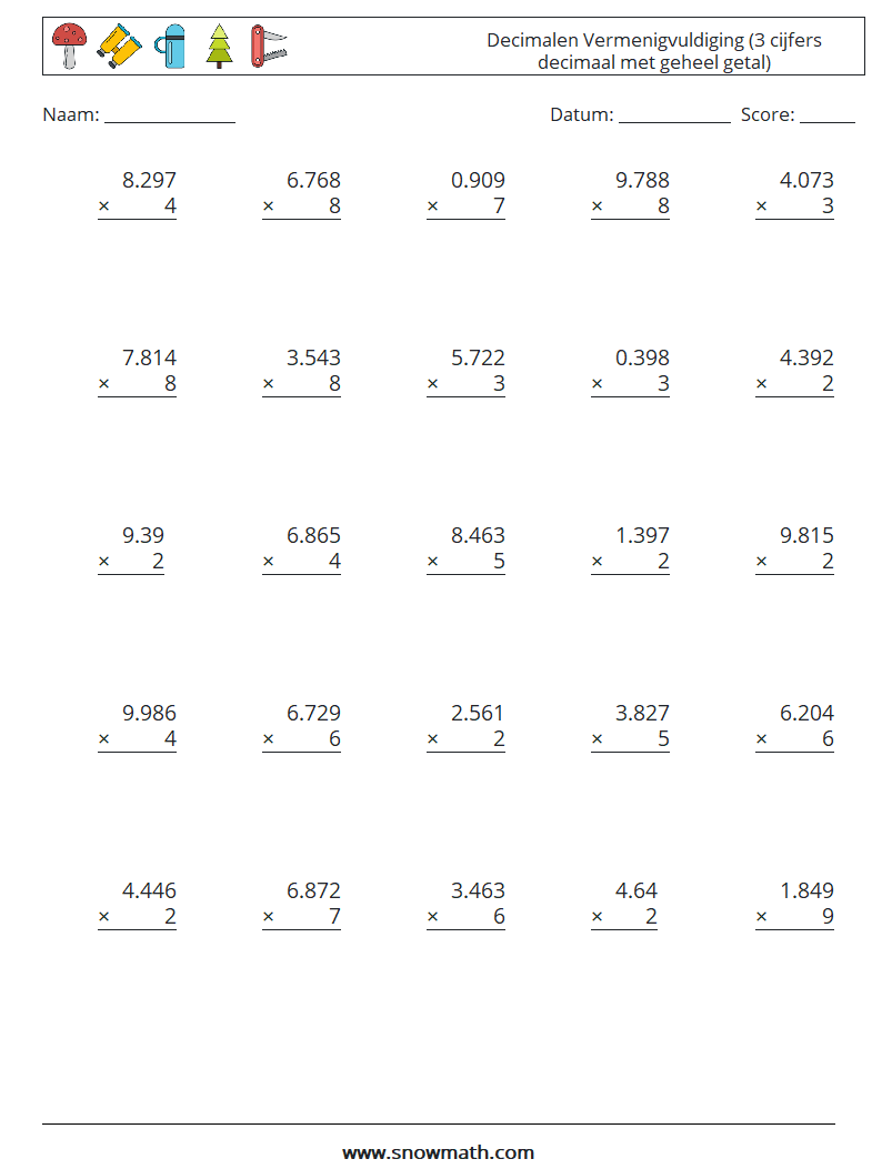 (25) Decimalen Vermenigvuldiging (3 cijfers decimaal met geheel getal) Wiskundige werkbladen 1