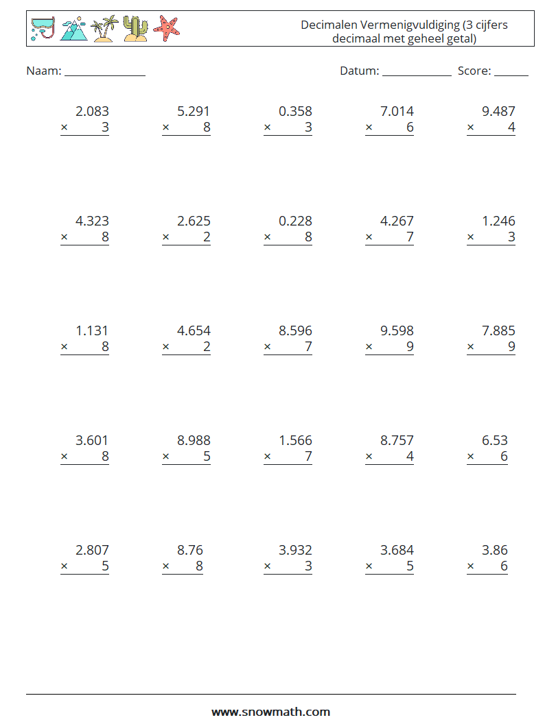 (25) Decimalen Vermenigvuldiging (3 cijfers decimaal met geheel getal) Wiskundige werkbladen 10