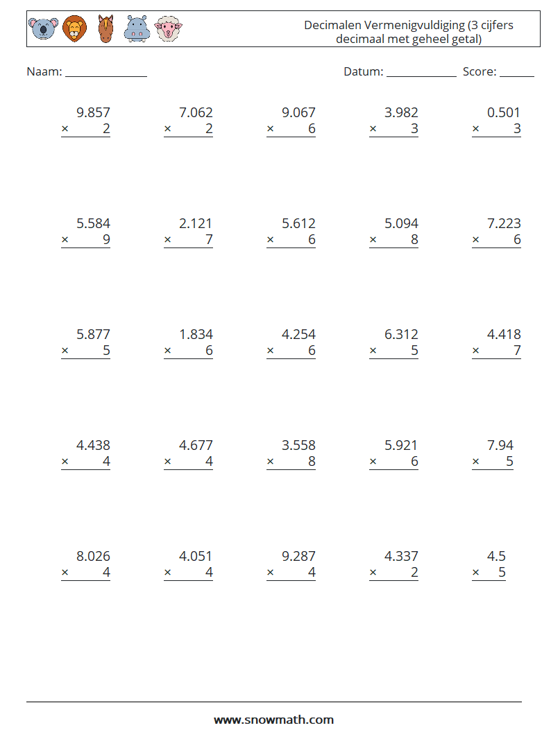 (25) Decimalen Vermenigvuldiging (3 cijfers decimaal met geheel getal) Wiskundige werkbladen 11