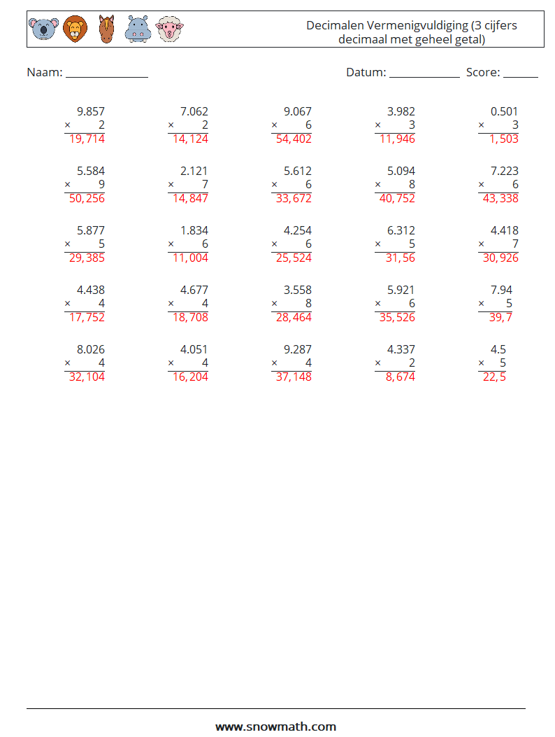 (25) Decimalen Vermenigvuldiging (3 cijfers decimaal met geheel getal) Wiskundige werkbladen 11 Vraag, Antwoord
