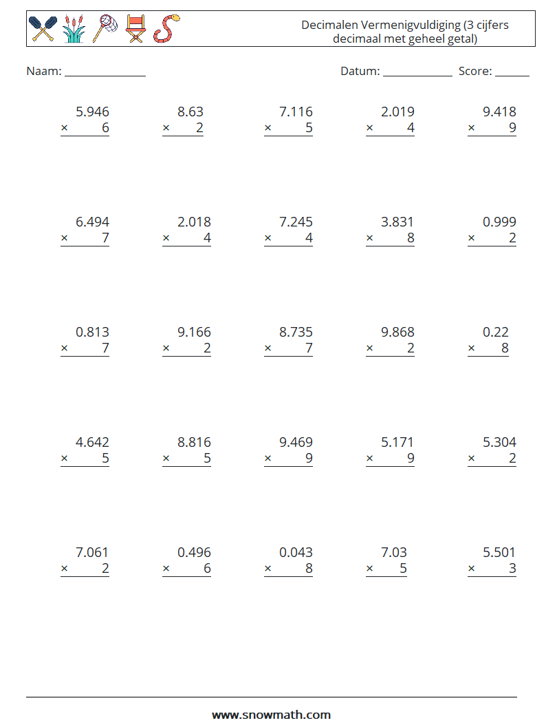 (25) Decimalen Vermenigvuldiging (3 cijfers decimaal met geheel getal) Wiskundige werkbladen 12