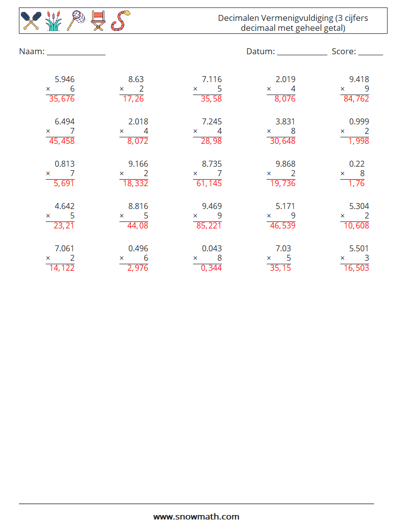 (25) Decimalen Vermenigvuldiging (3 cijfers decimaal met geheel getal) Wiskundige werkbladen 12 Vraag, Antwoord