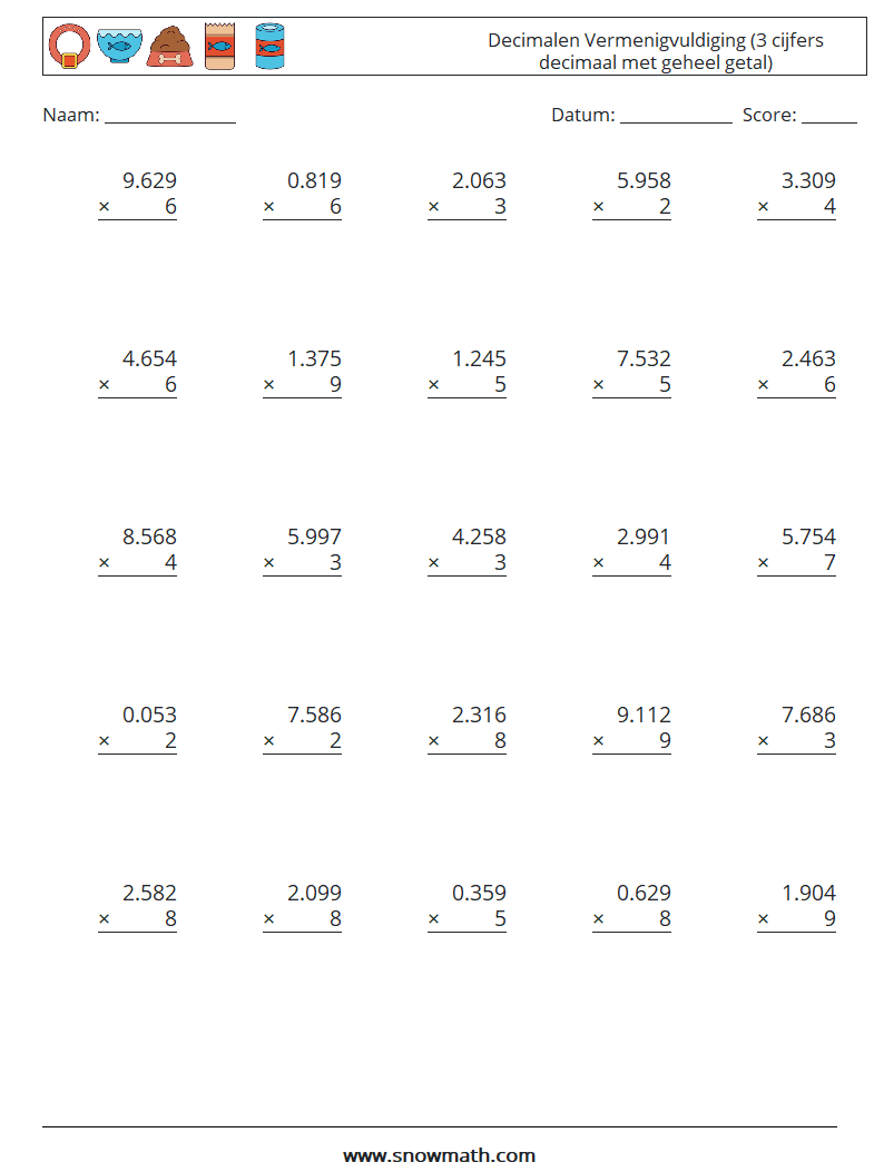 (25) Decimalen Vermenigvuldiging (3 cijfers decimaal met geheel getal) Wiskundige werkbladen 13