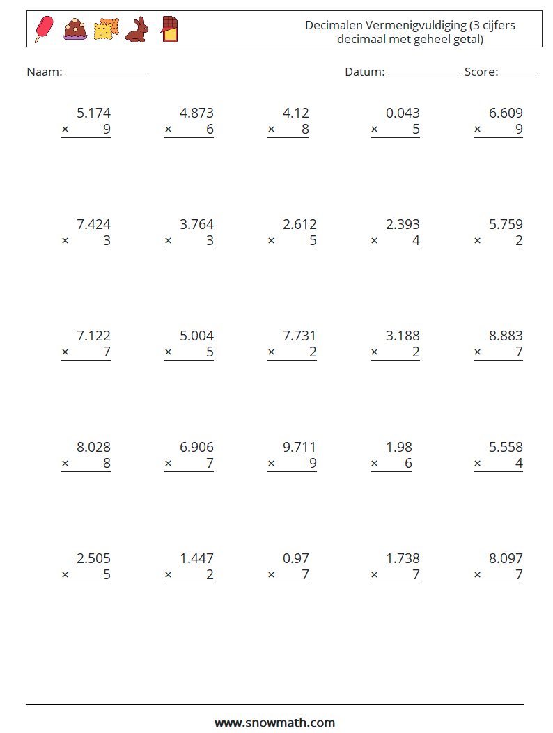 (25) Decimalen Vermenigvuldiging (3 cijfers decimaal met geheel getal) Wiskundige werkbladen 14