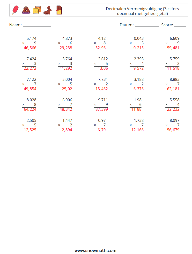 (25) Decimalen Vermenigvuldiging (3 cijfers decimaal met geheel getal) Wiskundige werkbladen 14 Vraag, Antwoord