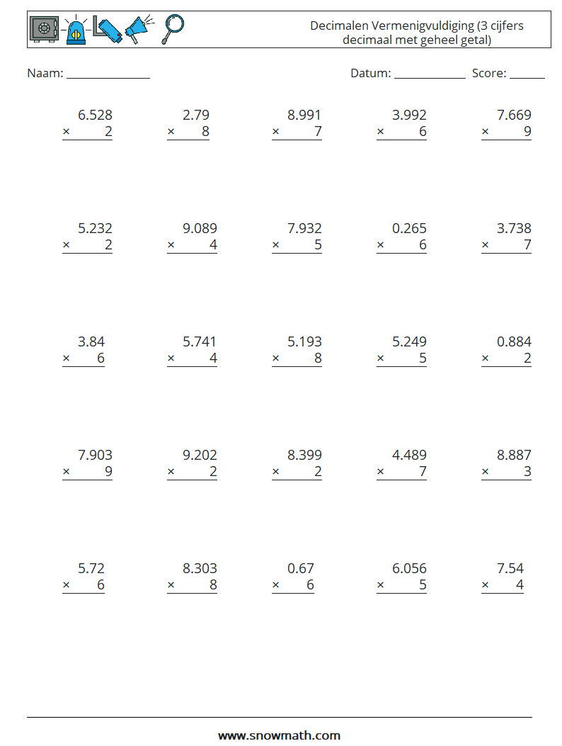 (25) Decimalen Vermenigvuldiging (3 cijfers decimaal met geheel getal) Wiskundige werkbladen 15
